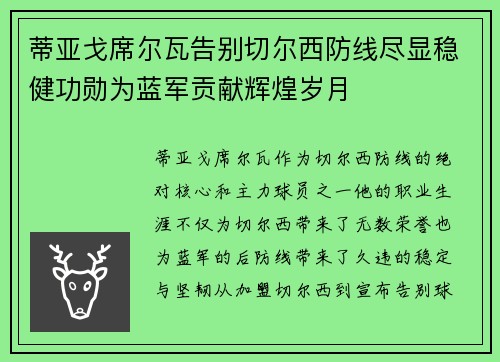 蒂亚戈席尔瓦告别切尔西防线尽显稳健功勋为蓝军贡献辉煌岁月