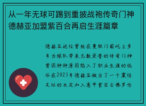 从一年无球可踢到重披战袍传奇门神德赫亚加盟紫百合再启生涯篇章