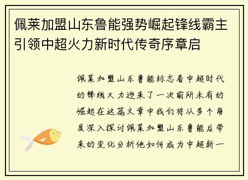 佩莱加盟山东鲁能强势崛起锋线霸主引领中超火力新时代传奇序章启