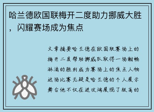 哈兰德欧国联梅开二度助力挪威大胜，闪耀赛场成为焦点